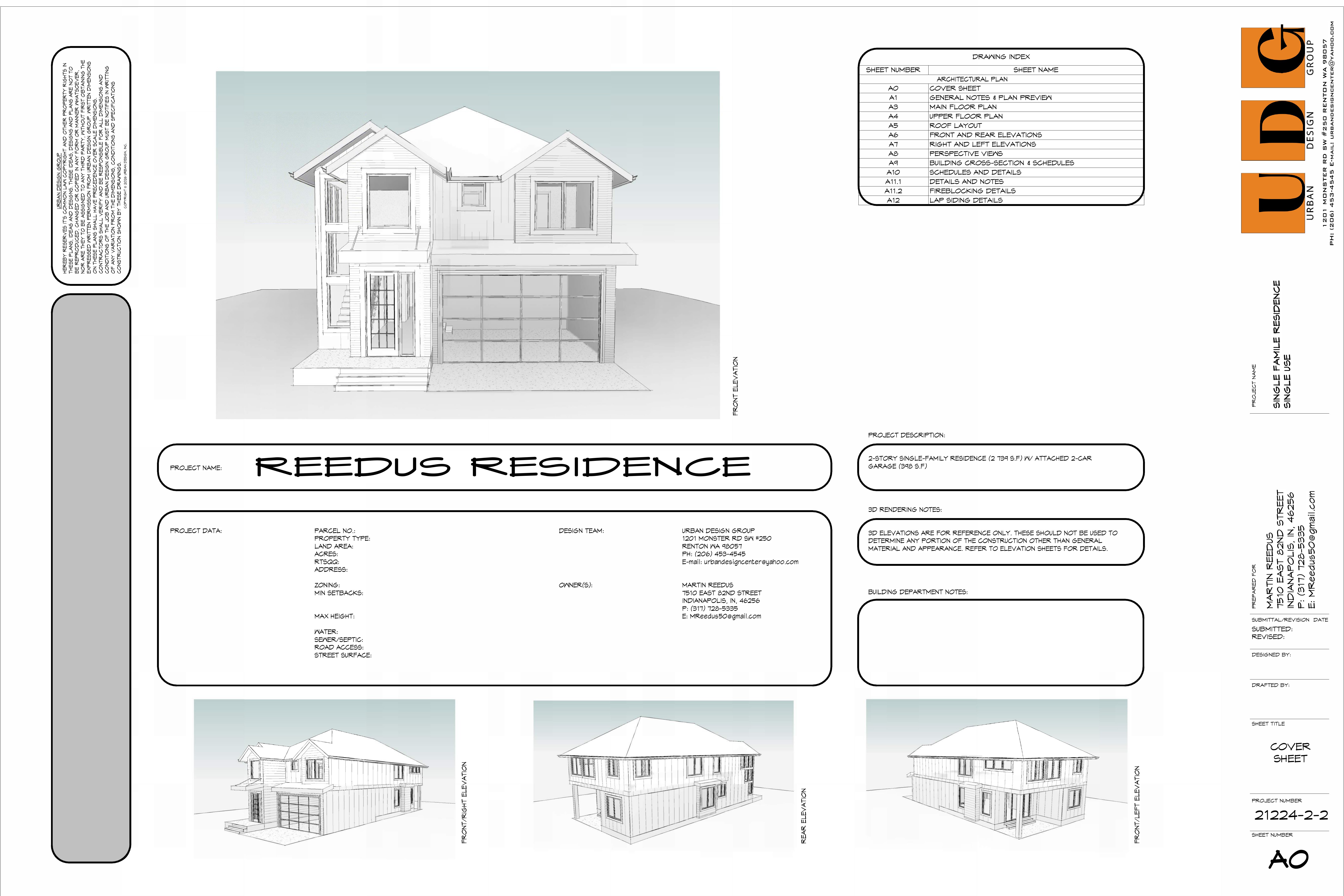 Reedus Residence cover sheet with front elevation rendering