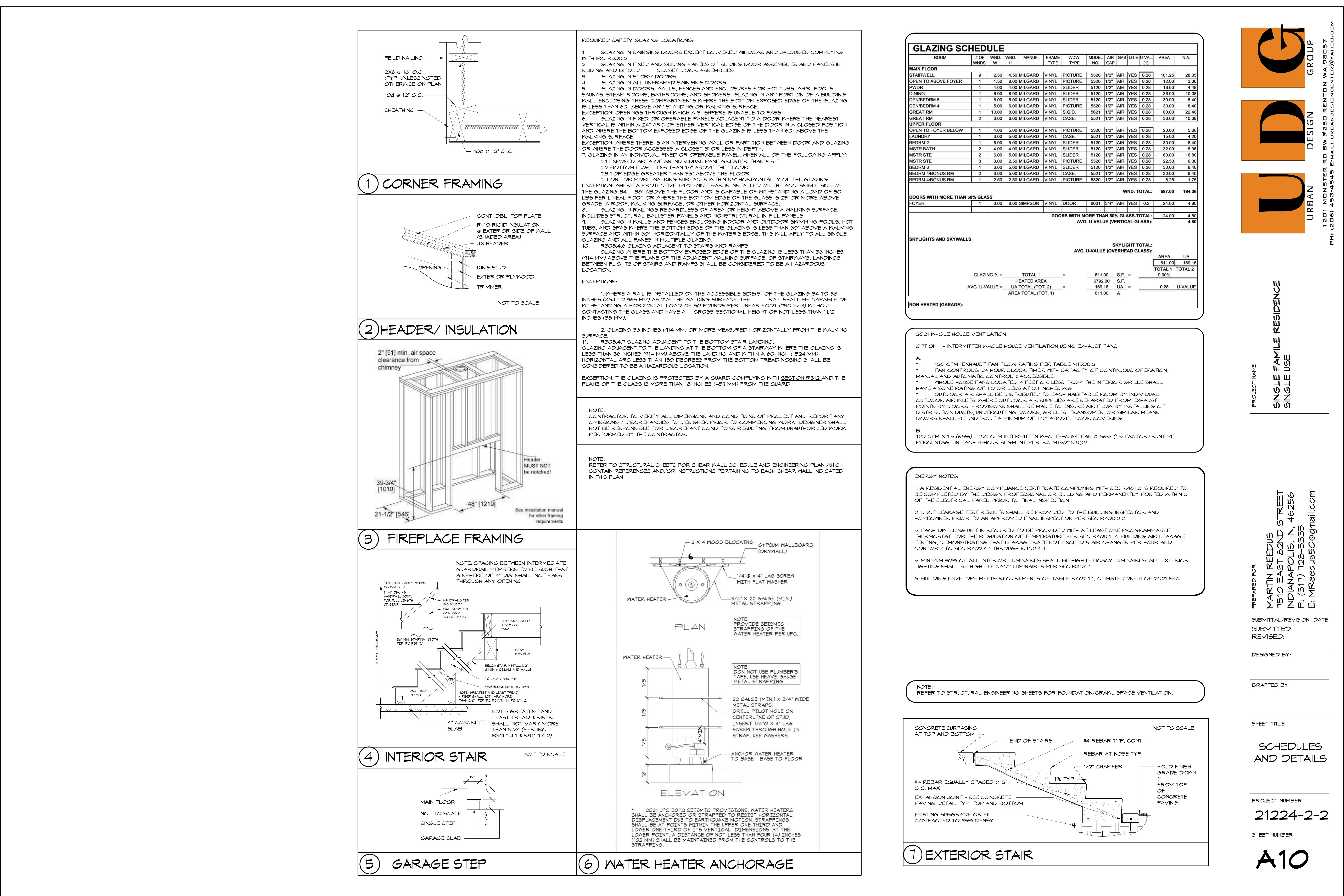 Glazing schedule, framing details, and construction notes