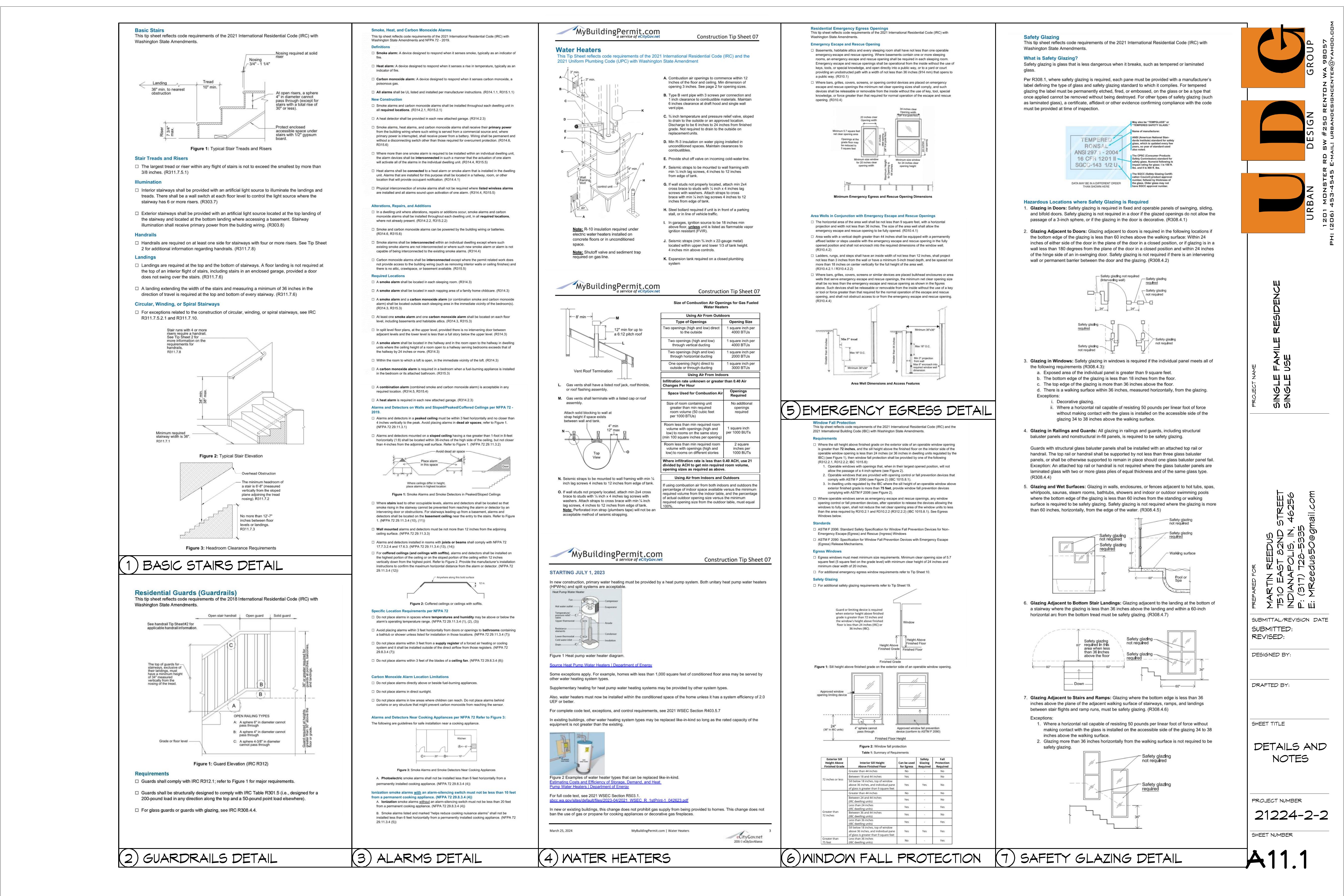 Stair, guardrail, alarm, water heater, and safety glazing details