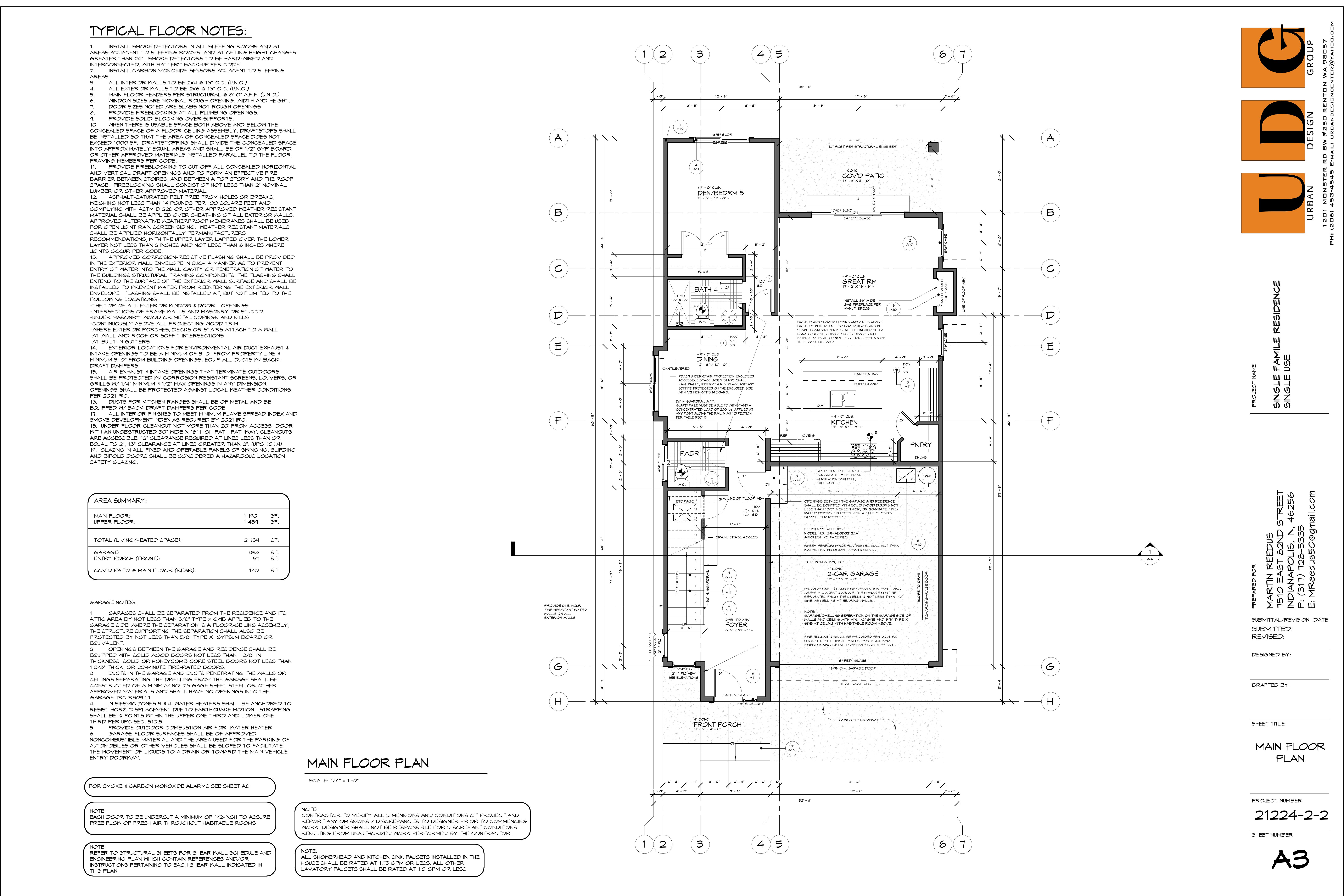 Main floor plan with dimensions and callouts