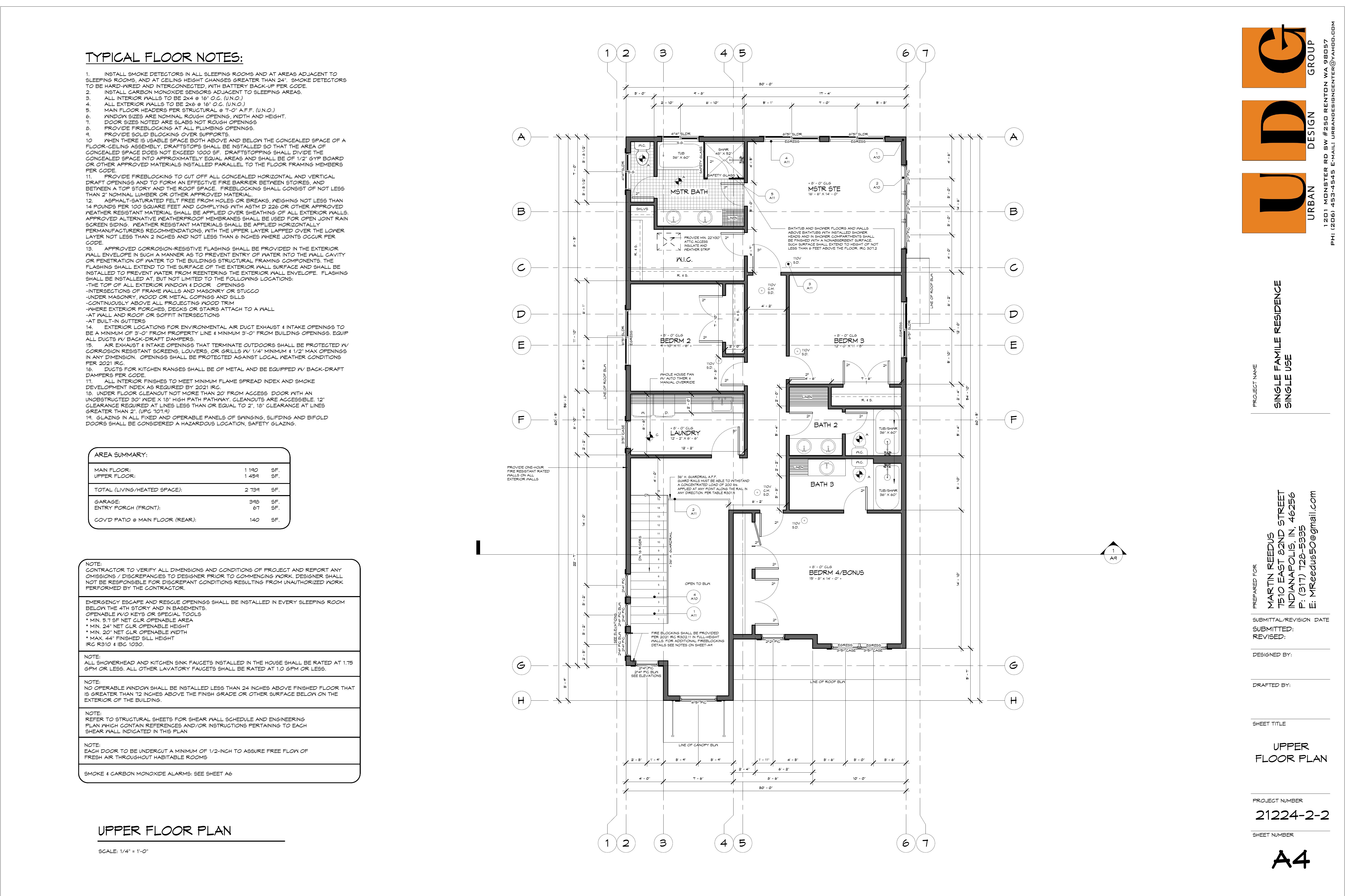 Upper floor plan with bedrooms and bathrooms