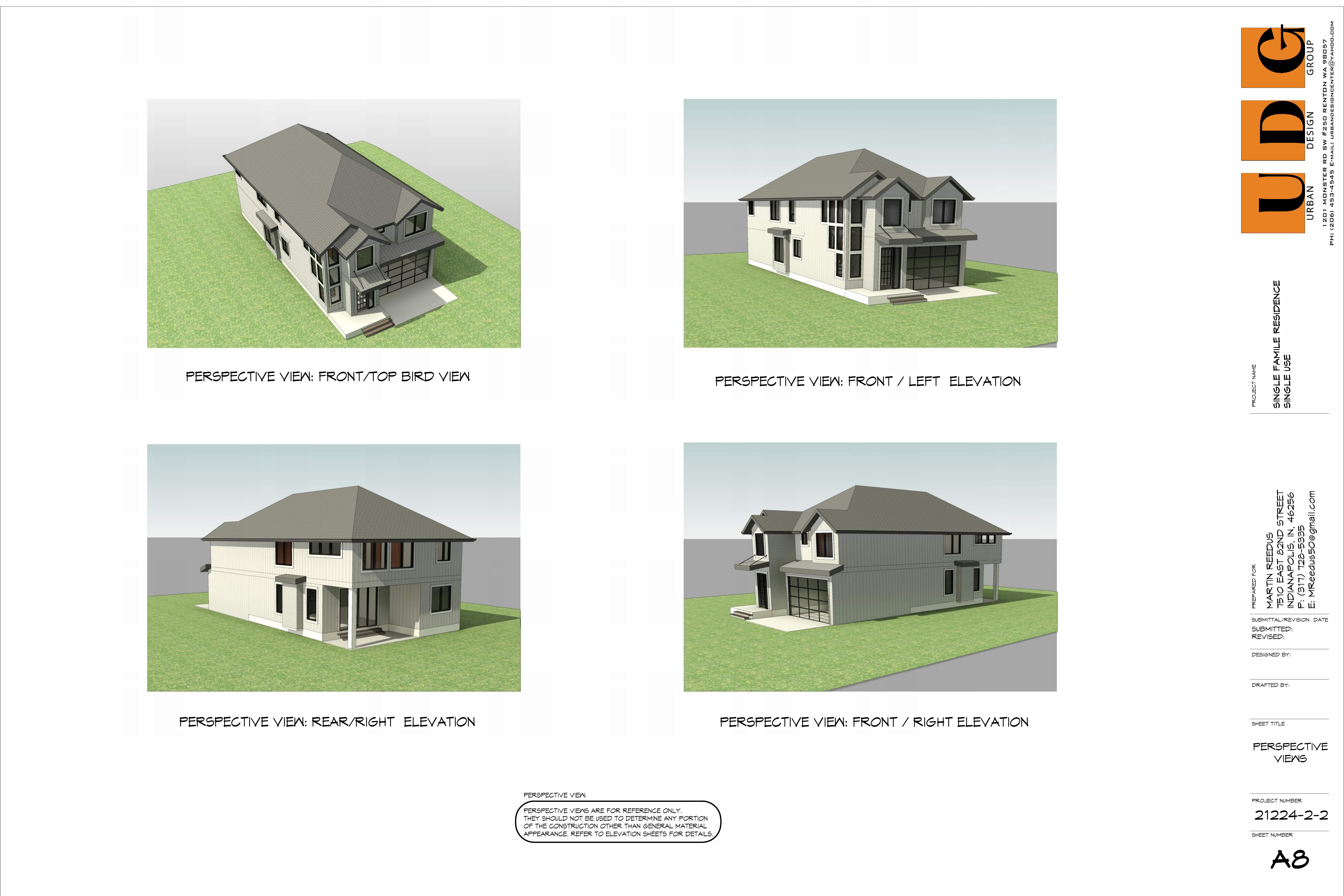 Four 3D perspective renderings showing all sides of the home
